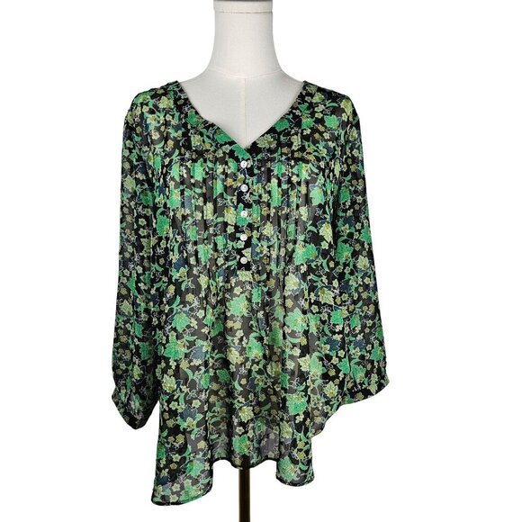 Rose + Olive Blouse XL Black Green Metallic Floral Sheer Pleated Boho - Picture 1 of 12